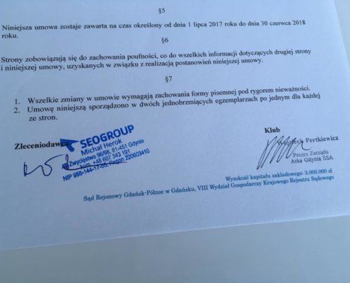 Fragment umowy sponsorskiej zawartej między klubem Arka Gdynia i SEOgroup