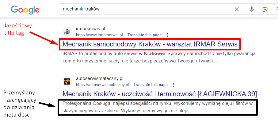 Zdj 7. Prawidłowo opracowane tagi title oraz meta description.