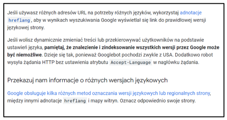 Fragment dokumentacji Centrum wyszukiwarki Google o pozycjonowaniu stron wielojęzycznych