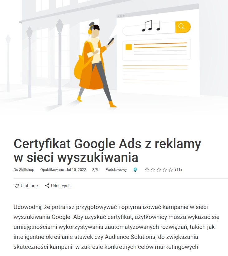 Certyfikat Google Ads z reklamy w sieci wyszukiwania