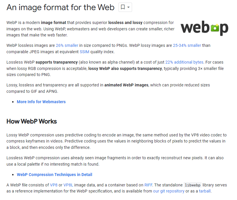 Zdj 2. Istotne informacje Google na temat WebP oraz jego działania. Źródło: developers.google.com/speed/webp