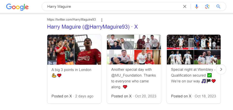 Zdj 9. Tweety w wynikach SERP na temat piłkarza Harry Maguire.