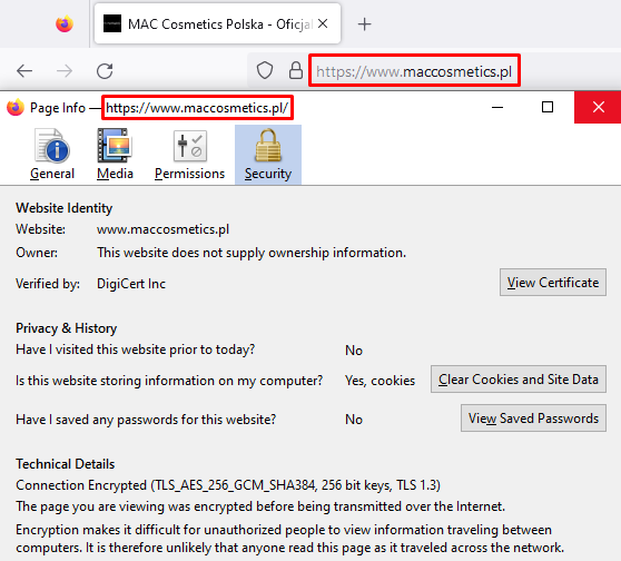 Zdj 4. Prawidłowo wdrożony certyfikat SSL w serwisie Mac Cosmetics.